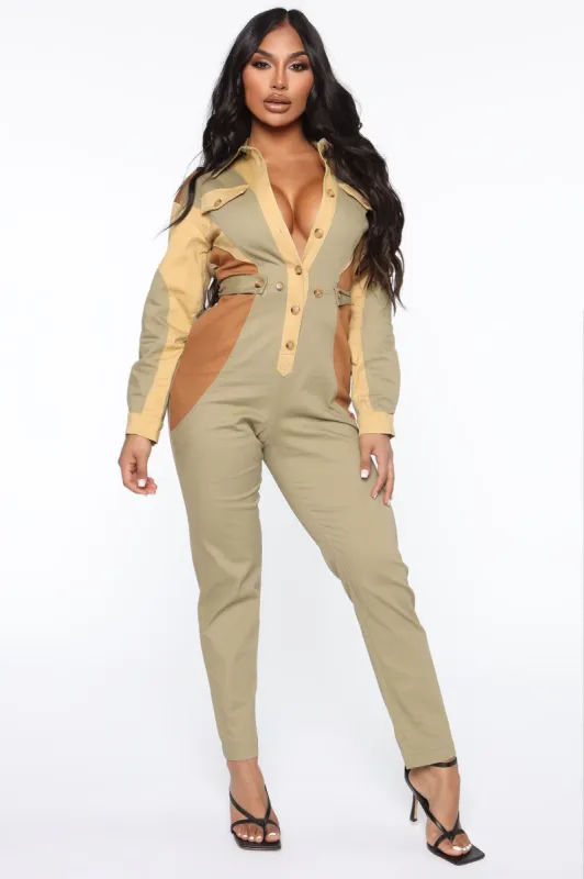 Werkin' Out Here Jumpsuit - Khaki sold by Fashion Nova
