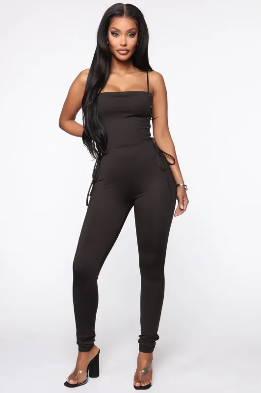 Beside You Tonight Lace Up Jumpsuit - Black sold by Fashion Nova