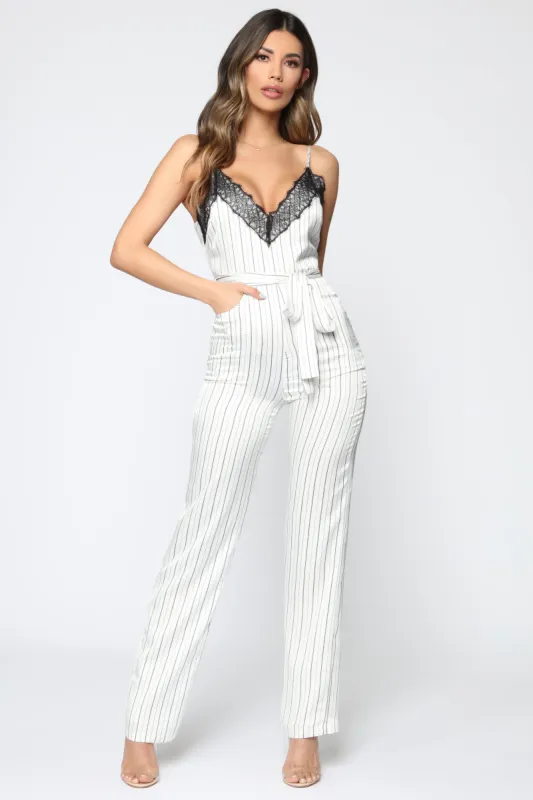 Set The Mood Jumpsuit - White/Black sold by Fashion Nova