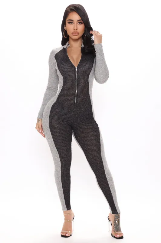 Too Legit Long Sleeve Jumpsuit - Grey/Black sold by Fashion Nova