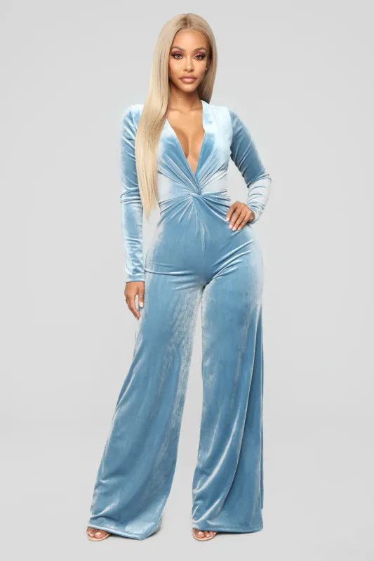 So Knot Your Average Jumpsuit - Dusty Blue sold by Fashion Nova