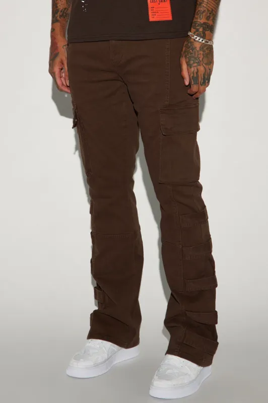 Cadell Stacked Slim Flare Cargo Pants - Dark Brown sold by Fashion Nova