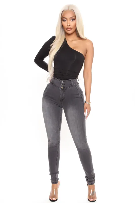 Memphis Exposed Button Skinny Jeans - Grey made by Fashion Nova