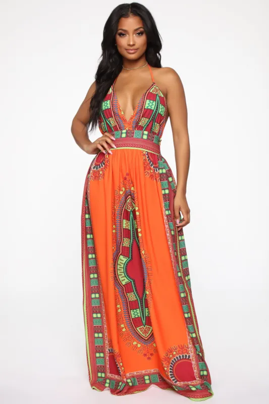 Bayou Babe Halter Maxi Dress - Orange/Combo sold by Fashion Nova