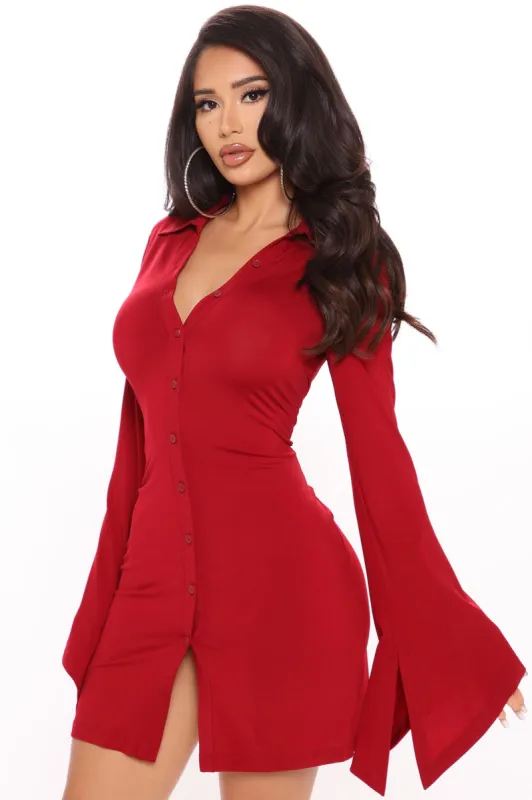 Booked And Busy Mini Dress - Burgundy sold by Fashion Nova