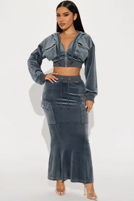 Paisley Velour Maxi Skirt Set - Charcoal sold by Fashion Nova