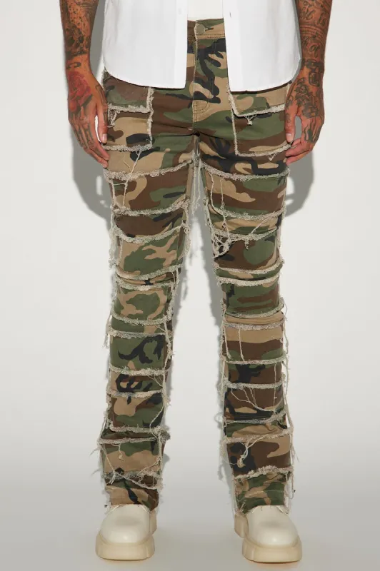 Keep It Going Fray Stacked Skinny Flare Pants - Camouflage sold by Fashion Nova