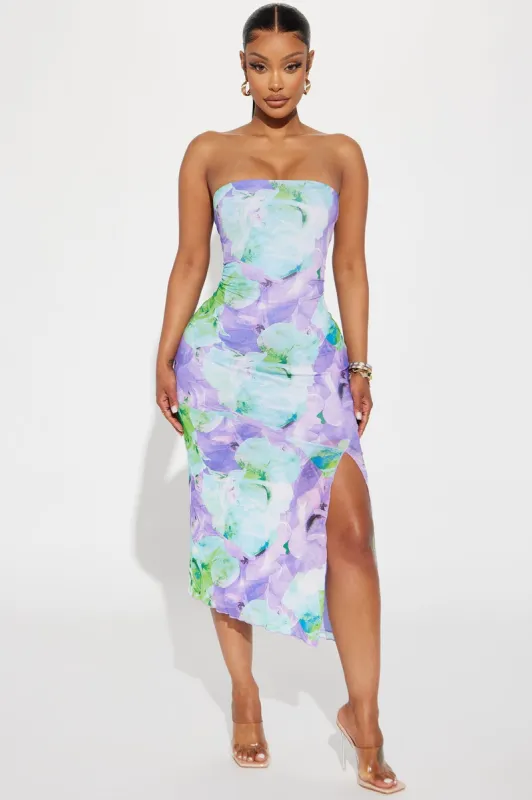 Wonder Haze Strapless Midi Dress - Purple/combo sold by Fashion Nova