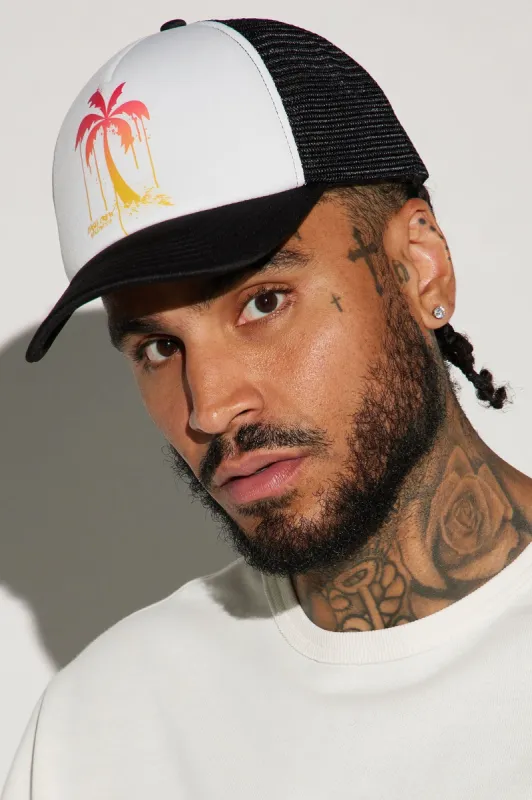 Sunset Palm Tree Trucker Hat - White/Black sold by Fashion Nova