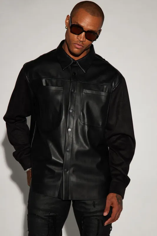 Ballard Faux Leather Button Up Shirt - Black sold by Fashion Nova
