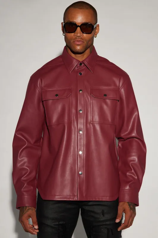 Bowery Faux Leather Button Up Shirt - Burgundy sold by Fashion Nova