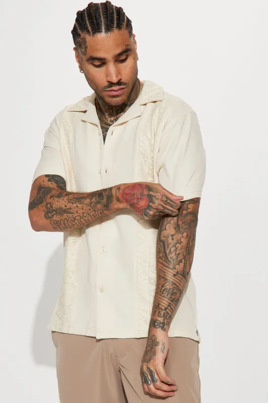 Vertical Crochet Pattern Short Sleeve Button Up Shirt - Cream sold by Fashion Nova