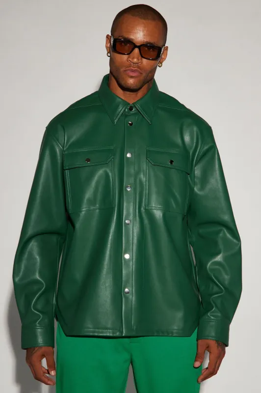 Bowery Faux Leather Button Up Shirt - Hunter sold by Fashion Nova