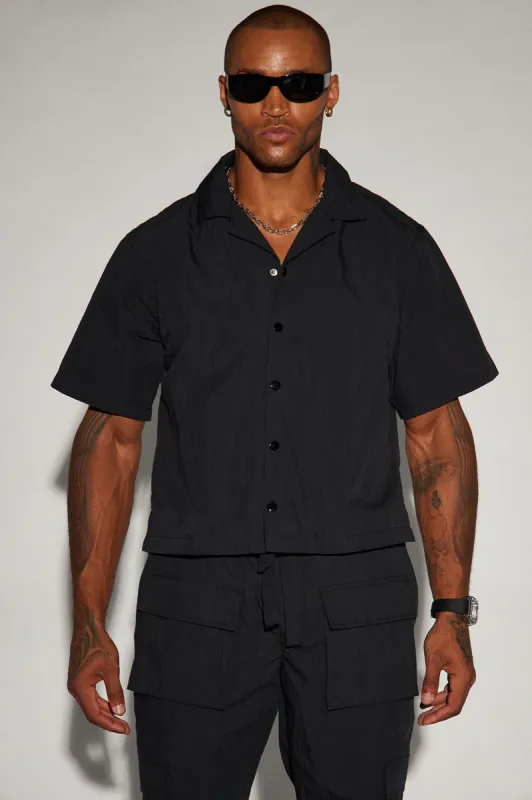 Lagos Textured Nylon Cropped Button Up Shirt - Black sold by Fashion Nova