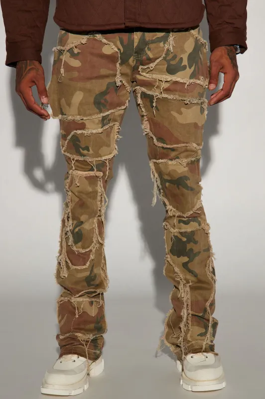 Patch It Up Stacked Skinny Flare Pants - Brown/combo sold by Fashion Nova