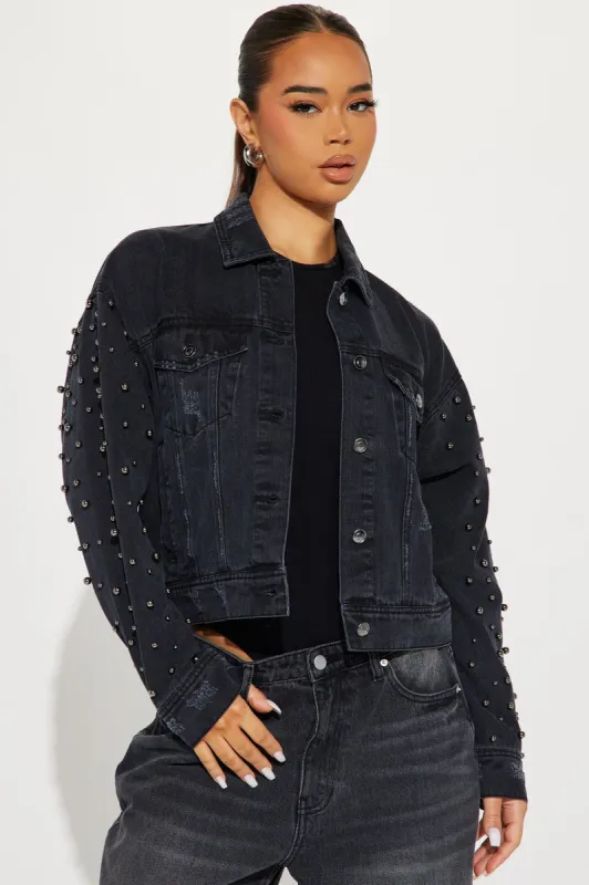 All That Shines Embellished Denim Jacket - Black Wash sold by Fashion Nova