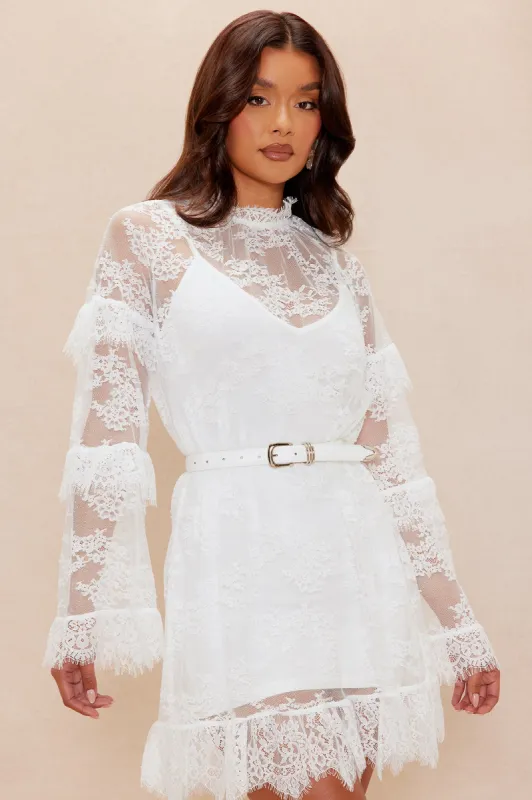 Taylor Ruffle Lace Mini Dress - White made by Fashion Nova