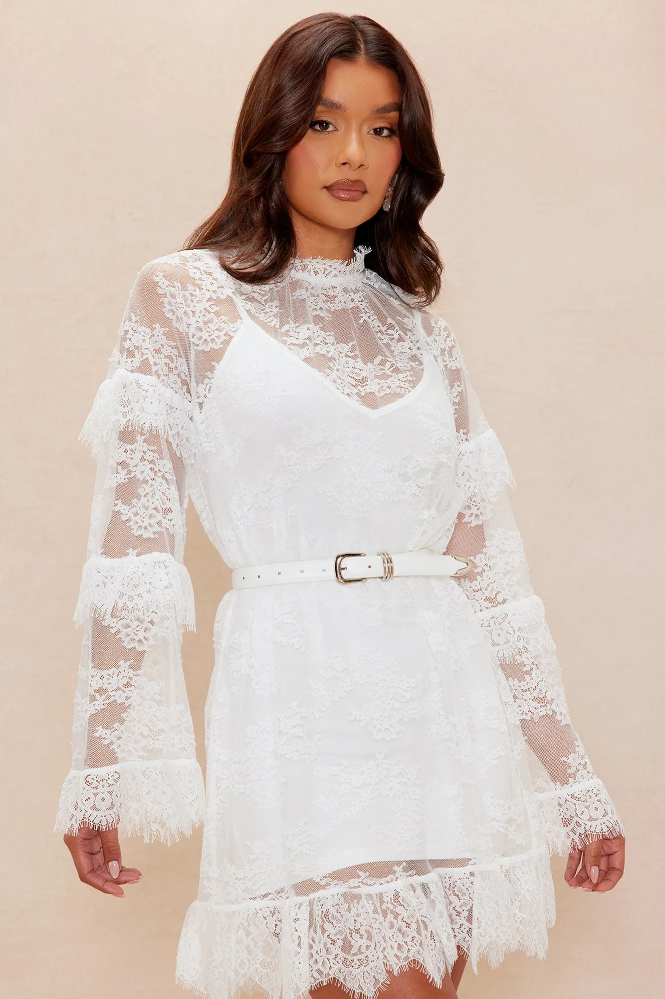 Taylor Ruffle Lace Mini Dress - White sold by Fashion Nova