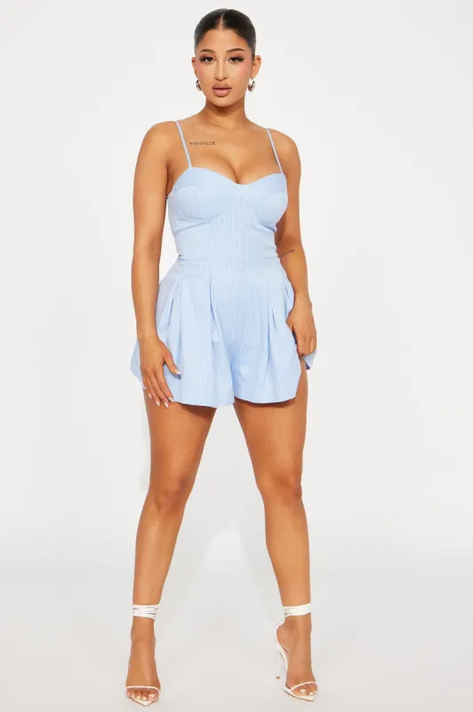 Sunday Brunch Date Pinstripe Romper - Blue/combo sold by Fashion Nova