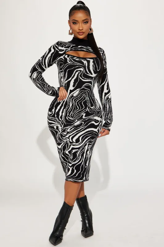 Laila Sweater Midi Dress - Black/White sold by Fashion Nova
