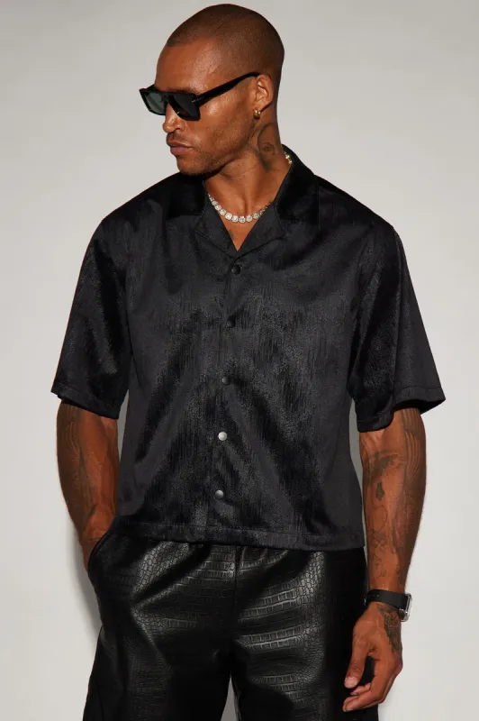 Patna Textured Faux Leather Cropped Button Up Shirt - Black sold by Fashion Nova