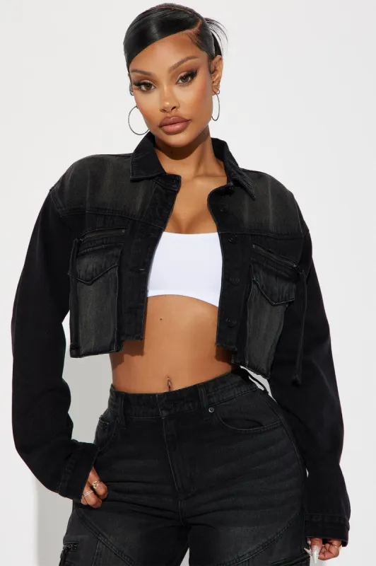 Angel In Disguise Cargo Denim Jacket - Black Wash sold by Fashion Nova