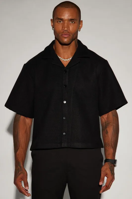 Wilder Textured Weave Cropped Button Up Shirt - Black sold by Fashion Nova