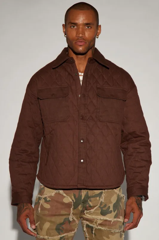 Monroe Twill Quilted Shacket - Brown sold by Fashion Nova
