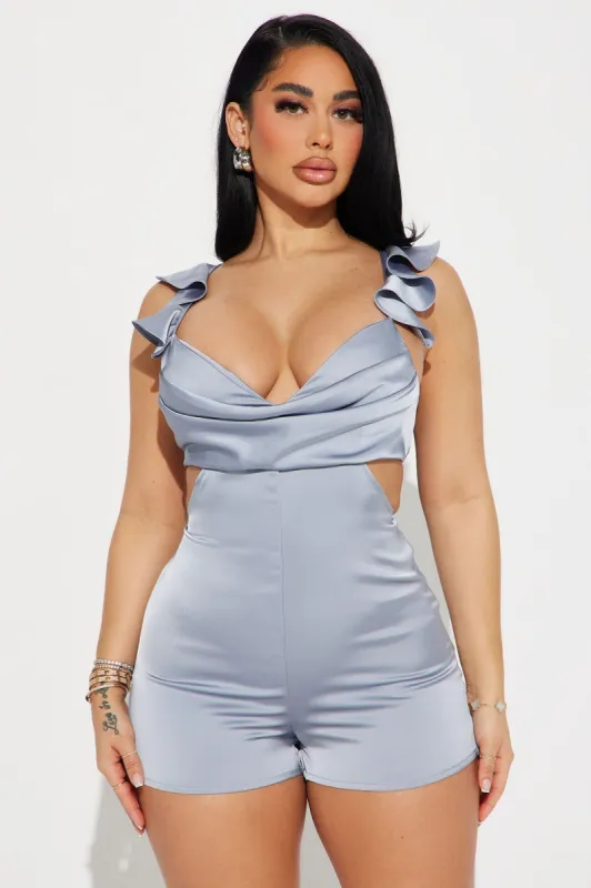 Solay Satin Romper - Light Blue sold by Fashion Nova