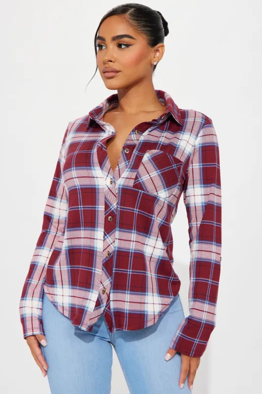 Journee Plaid Shirt - Burgundy/combo sold by Fashion Nova