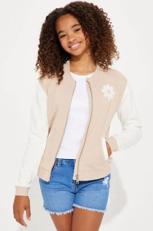 Mini Fleece Bomber Jacket With Chenille Patch - Khaki sold by Fashion Nova