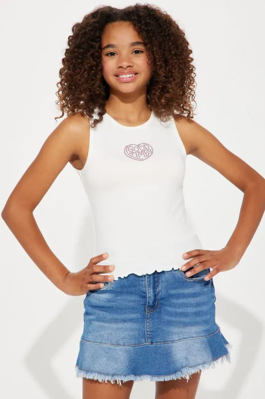 Mini Let's Talk About Good Times Tank - White sold by Fashion Nova