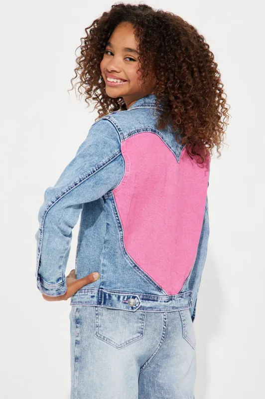 Mini Amor Contrast Heart Jacket - Light Blue sold by Fashion Nova