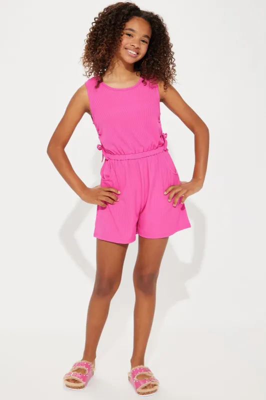 Mini World Traveler Yummy Rib Knit Romper - Hot Pink sold by Fashion Nova