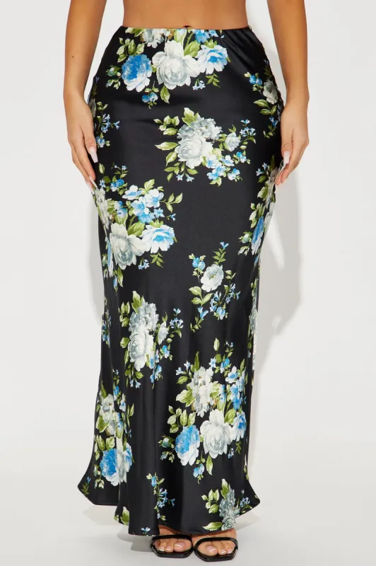Floral Fantasy Satin Maxi Skirt - Black/combo sold by Fashion Nova