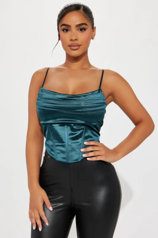 Date Night Satin Corset Top - Teal sold by Fashion Nova