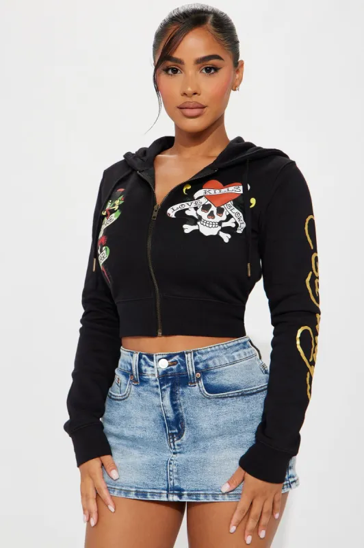 Love Kills Ed Hardy Zip Front Hoodie - Black sold by Fashion Nova