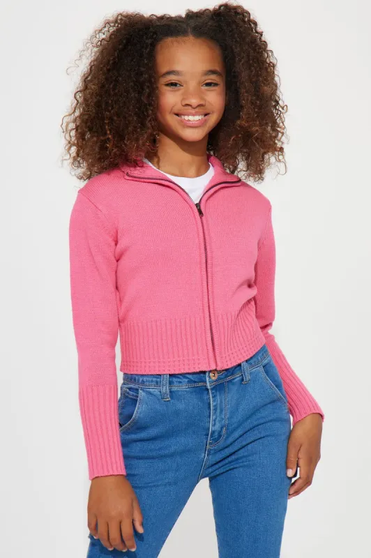 Mini Long Sleeve Acrylic Zip Up Collared Sweater - Hot Pink sold by Fashion Nova