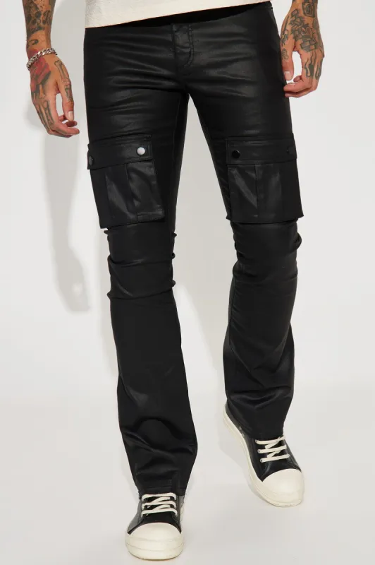 Top Off Stacked Skinny Flare Cargo Pants - Black sold by Fashion Nova