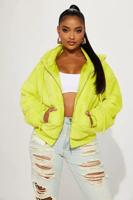 So Delighted Faux Fur Puffer Jacket - Green made by Fashion Nova