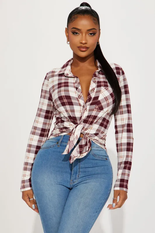 Courtney Plaid Shirt - Burgundy/combo sold by Fashion Nova