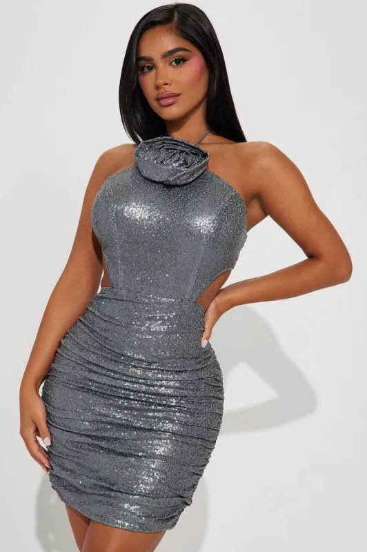 Daisy Sequin Mini Dress - Grey sold by Fashion Nova