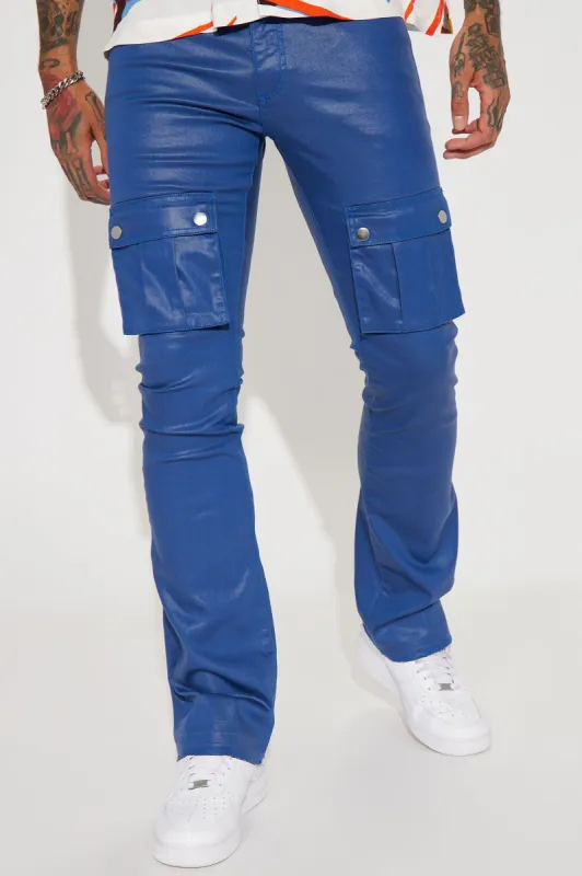 Top Off Stacked Skinny Flare Cargo Pants - Blue sold by Fashion Nova