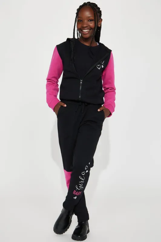 Mini Baby Girl Colorblock Fleece Jogger Set - Black/Pink sold by Fashion Nova