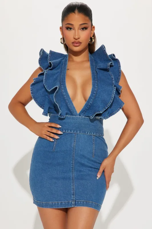 Renae Denim Mini Dress - Blue sold by Fashion Nova