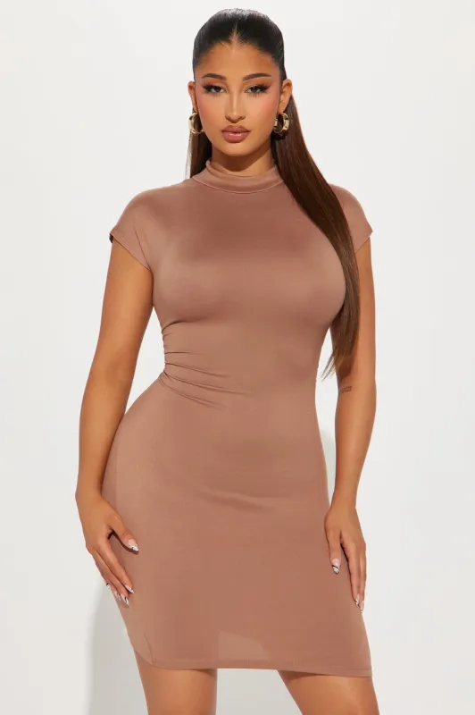 Daphne Ruched Mini Dress - Tan sold by Fashion Nova