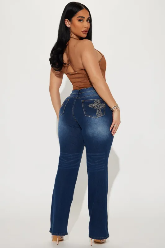 Fooled Me Once Embellished Stretch Bootcut Jeans - Dark Wash sold by Fashion Nova