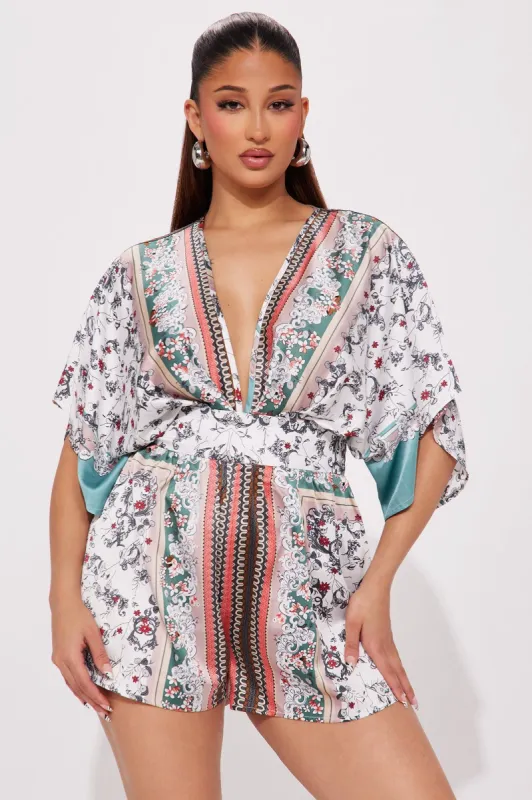 Take A Chance Satin Romper - Sage/combo sold by Fashion Nova