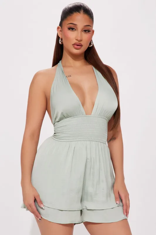 Positano Satin Romper - Sage sold by Fashion Nova