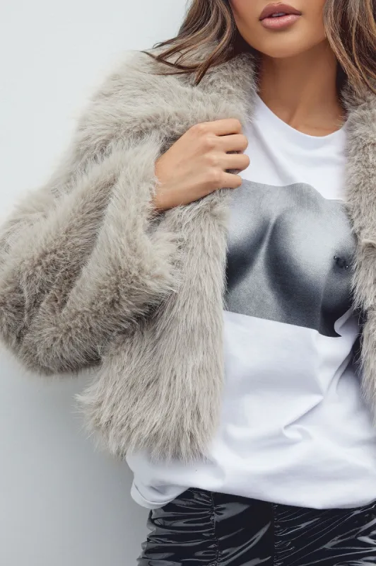 Already Chose Faux Fur Jacket - Grey sold by Fashion Nova